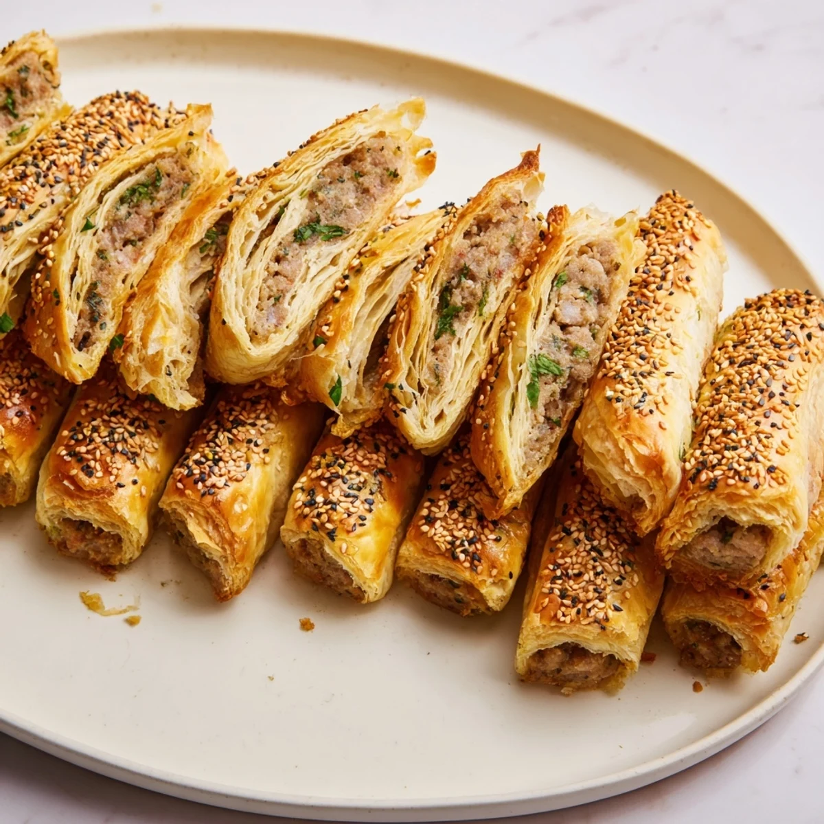 Golden Savory Bites: Mini Sausage Roll Half-Circle Wreath, a warm, savory appetizer with flaky pastry.