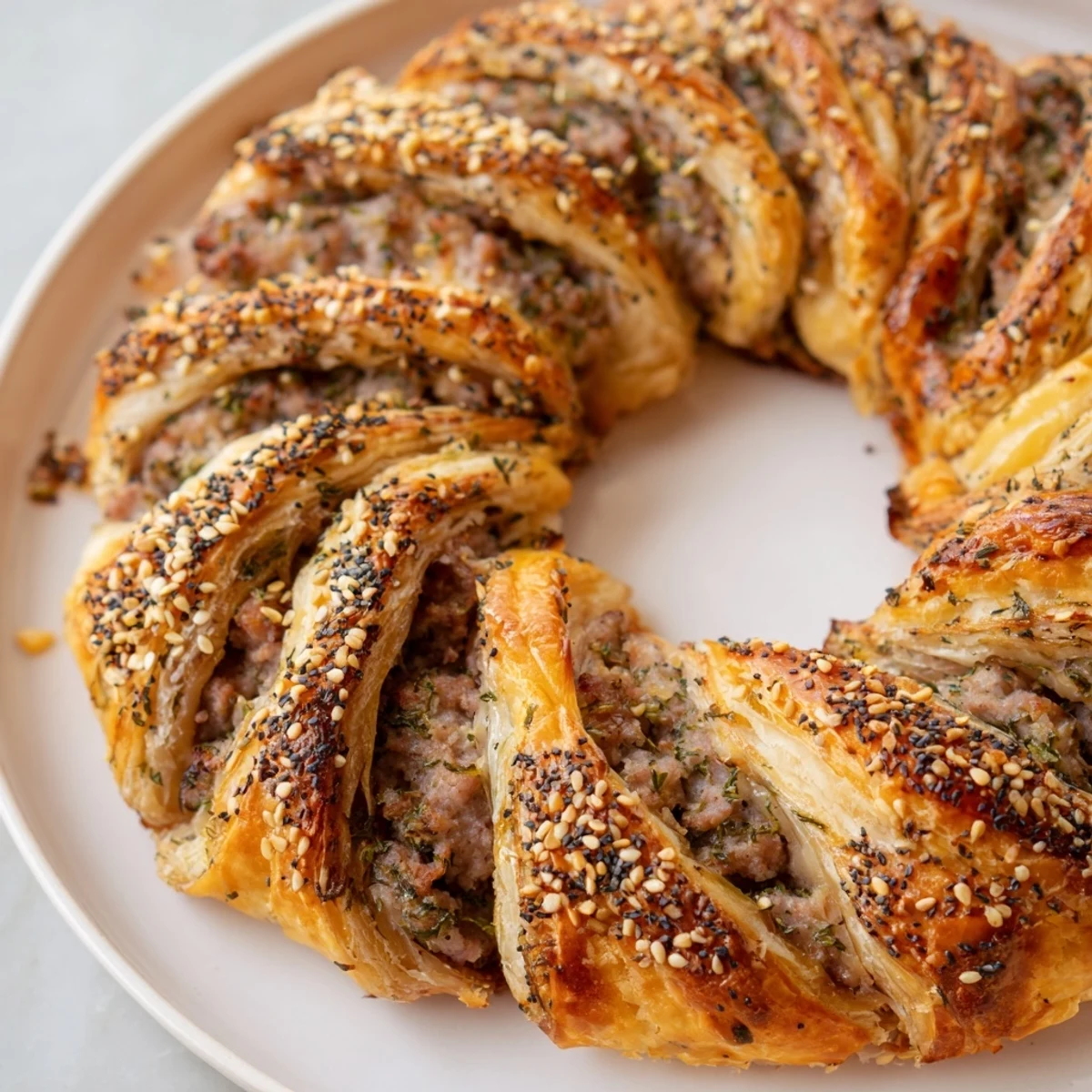 Freshly baked Savory Bites: Mini Sausage Roll Half-Circle Wreath, perfect for sharing at a gathering.