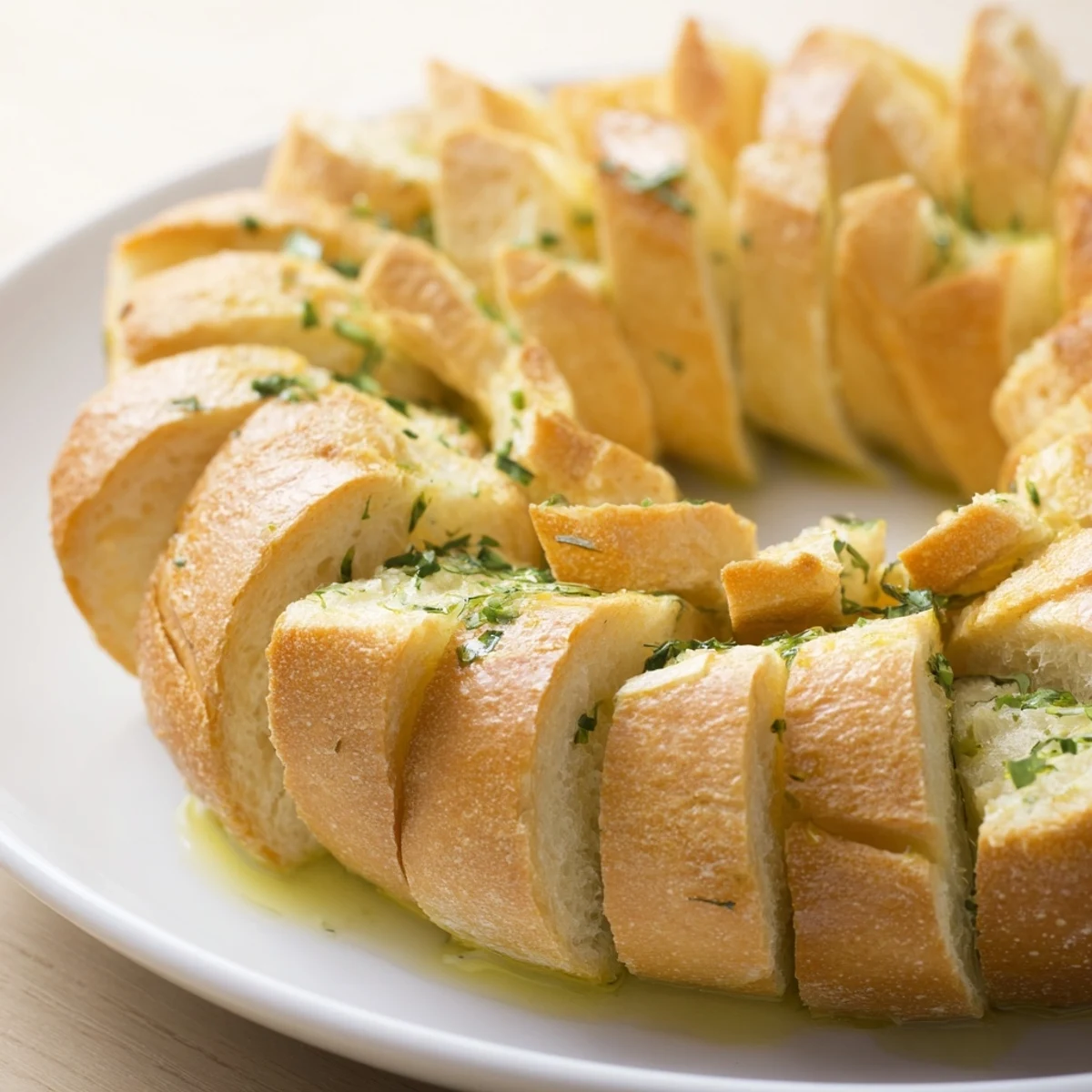 Golden baguette slices arranged in a warm circle, ready to enjoy with dips as a simple appetizer.