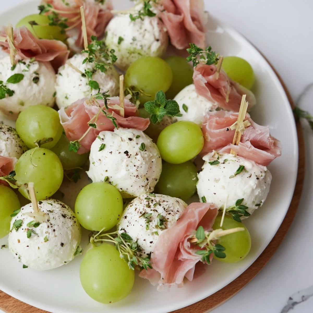 A vibrant Mistletoe Kissing Ball appetizer with creamy cheese, green grapes, and savory prosciutto.