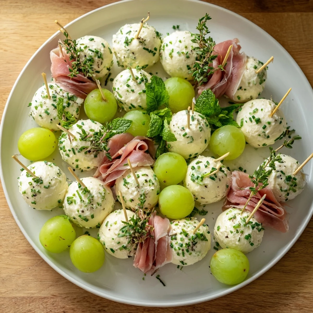 Imagine a beautiful Mistletoe Kissing Ball, a delicious arrangement of cheese, grapes, and prosciutto.