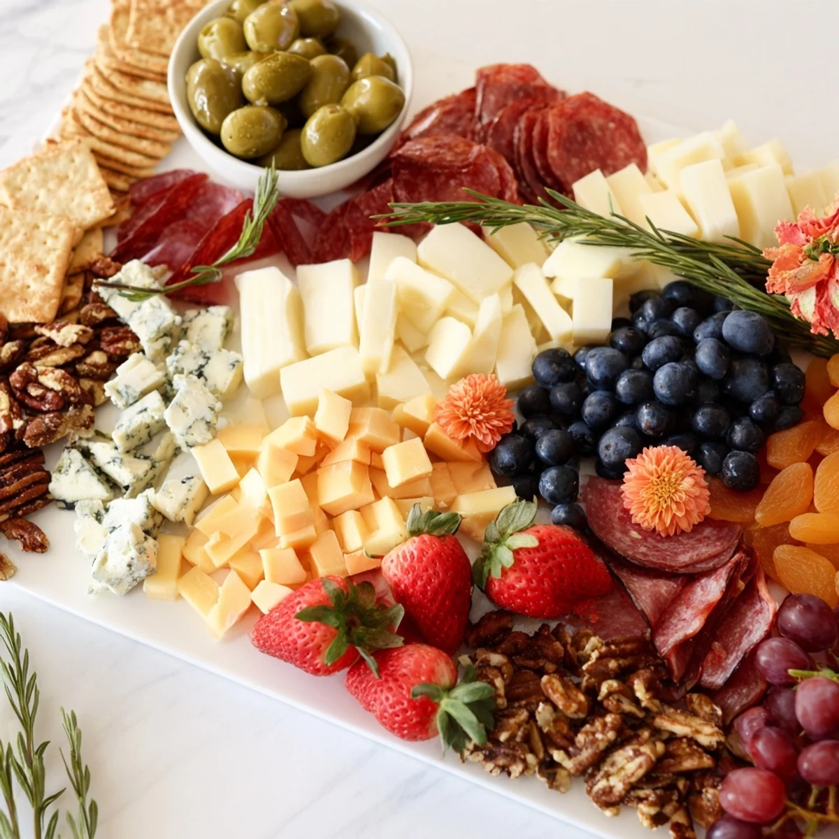 Festive Nutcracker Suite Board overflowing with red grapes, cheese, and holiday-themed sweets, perfect appetizer.