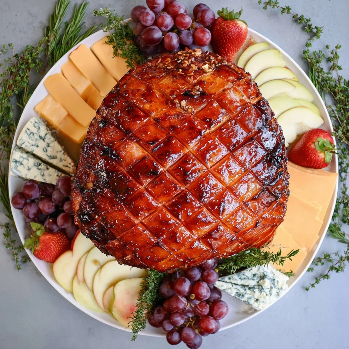 This close-up shows the centerpiece, a perfectly glazed ham on a festive charcuterie style board with fresh herbs.
