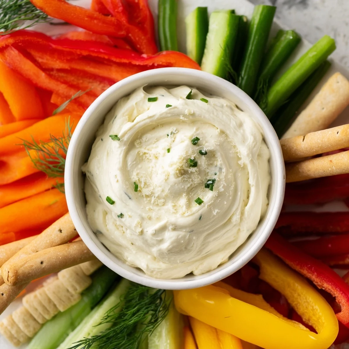 Reindeer Antler Spread appetizer with creamy dip at the center and colorful veggie "antlers."