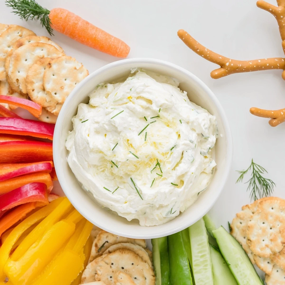 Festive Reindeer Antler Spread: imagine the dip surrounded by veggie antlers; a delightful appetizer.