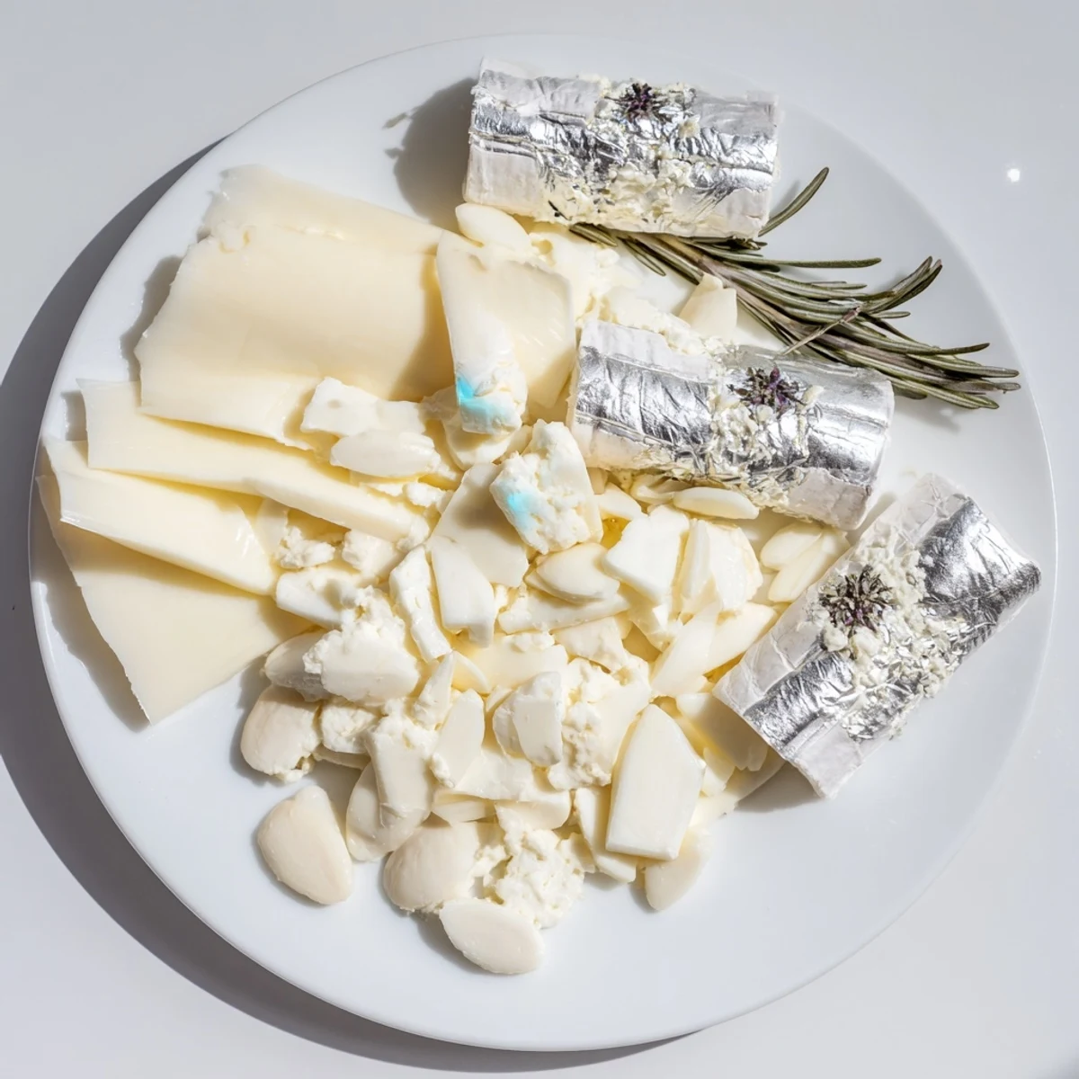 Winter Wonderland Platter: A sparkling appetizer board featuring white cheeses, nuts, and frosted rosemary for a festive look.