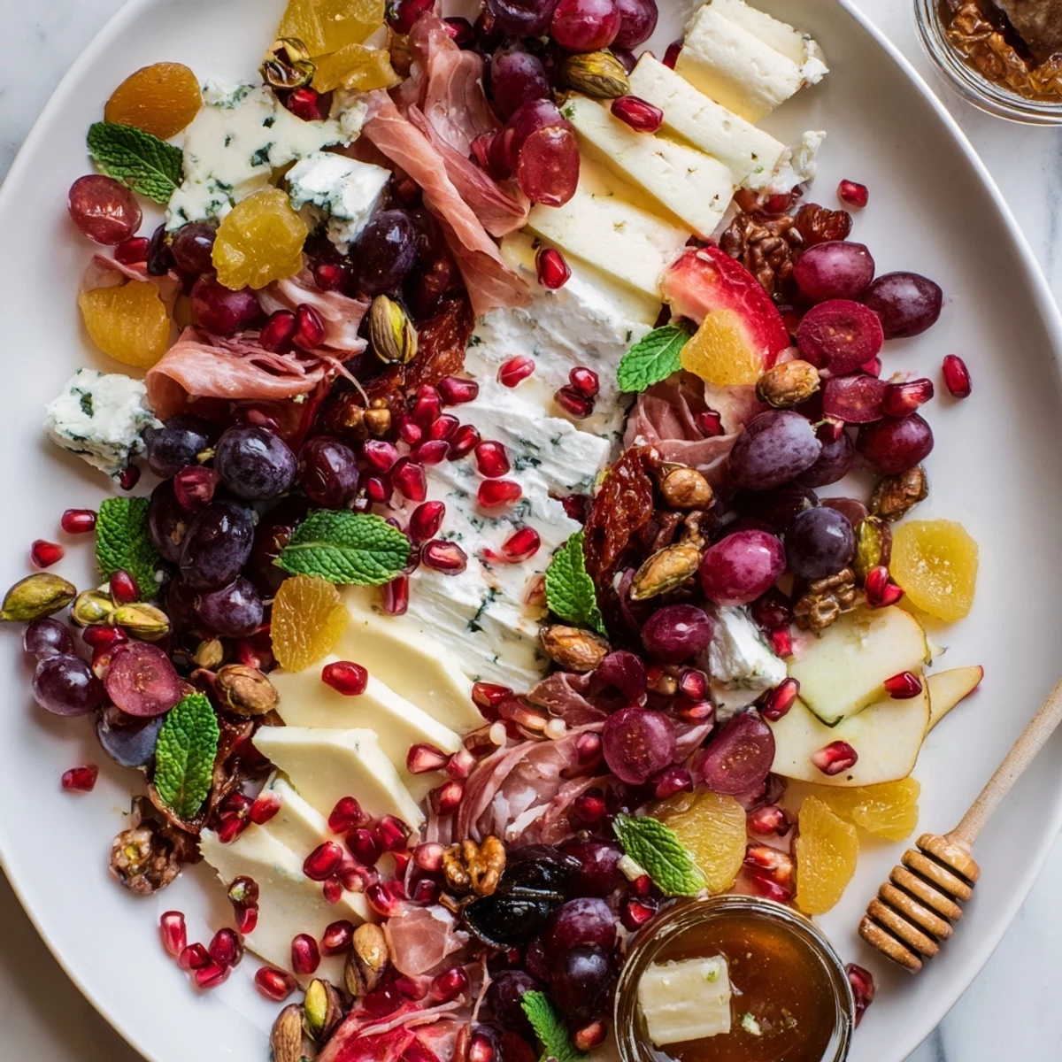 Pomegranate Jewel Cascade cheese board, featuring creamy goat cheese and glistening red pomegranate seeds elegantly arranged.