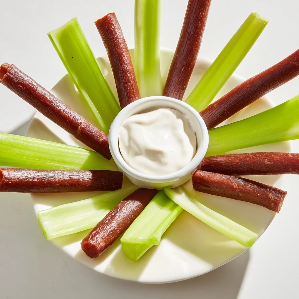 Appetizing Rustic Wheel platter featuring crisp celery and savory meat sticks ready to eat with dipping sauces.