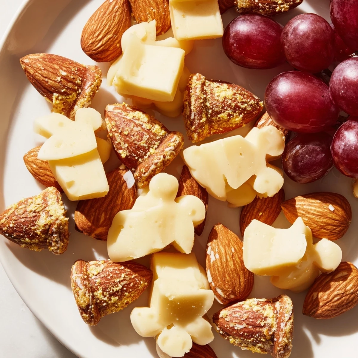 Elegant shot of a Gilded Acorn appetizer, showcasing cheese acorns and fruit alongside flavorful nuts.