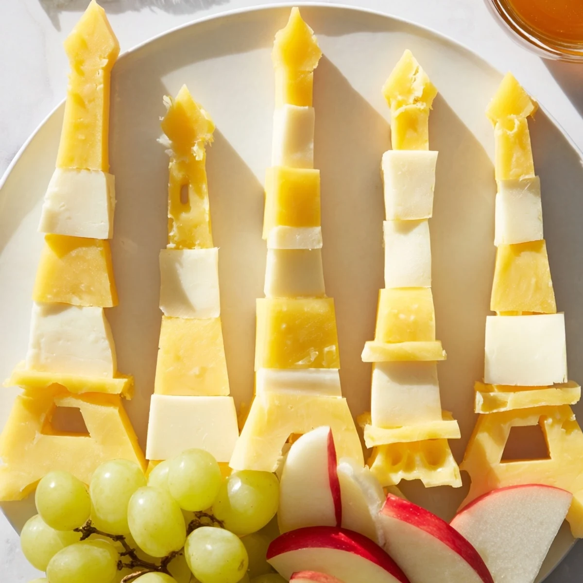 Colorful Skyline Silhouette cheese platter, ready to serve with fruit, crackers, and honey.