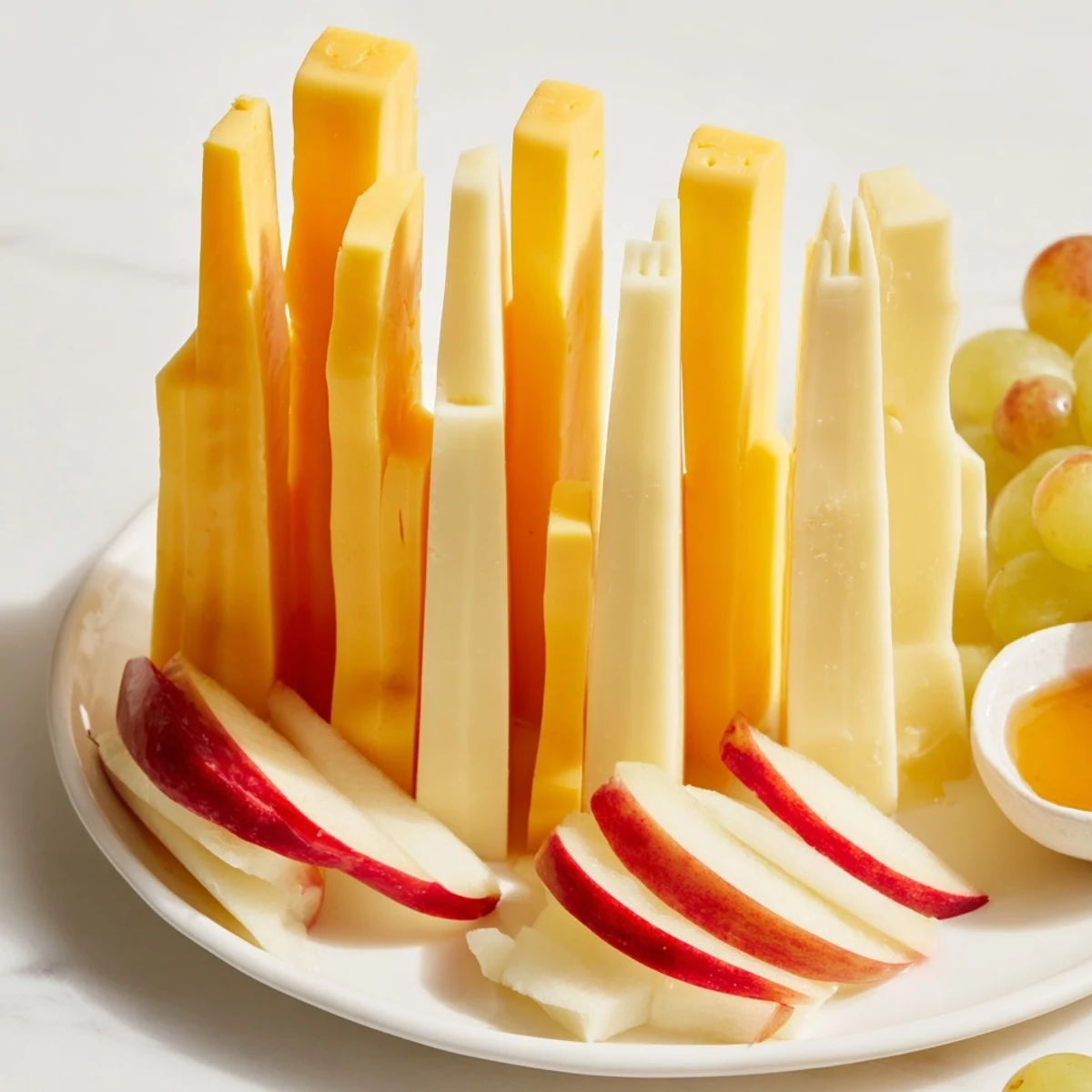 Visually stunning Skyline Silhouette cheese board featuring cheese building shapes with grapes.