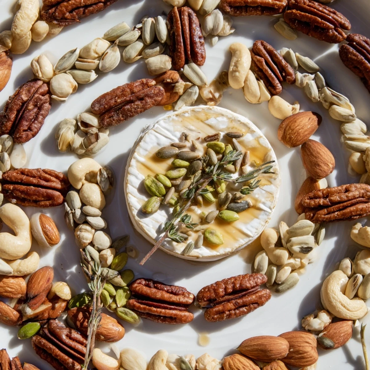 Visually stunning The Labyrinth appetizer with a path of nuts leading to creamy cheese.