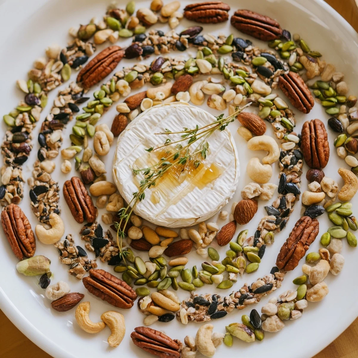 A beautiful, winding The Labyrinth grazing platter, featuring nuts, seeds, and soft cheese ready to serve.