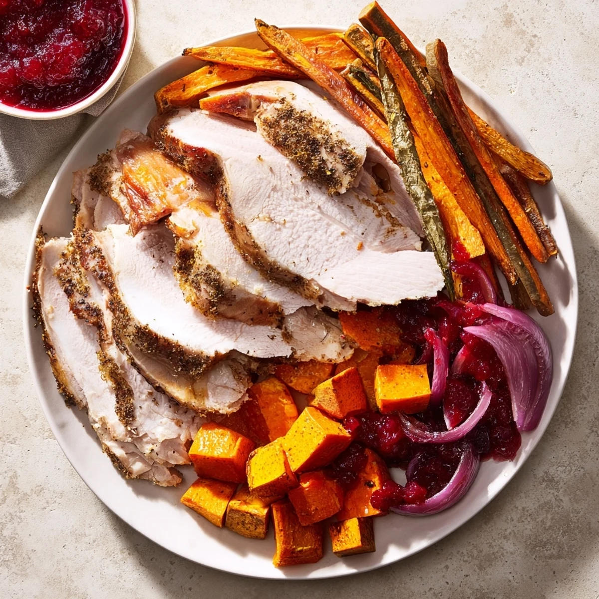 A beautifully arranged Harvest Turkey Platter with glistening, tender turkey and a fruity cranberry sauce.