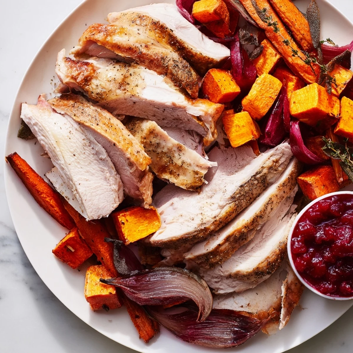 Close-up of a colorful Harvest Turkey Platter with roasted root vegetables, ready to be enjoyed.