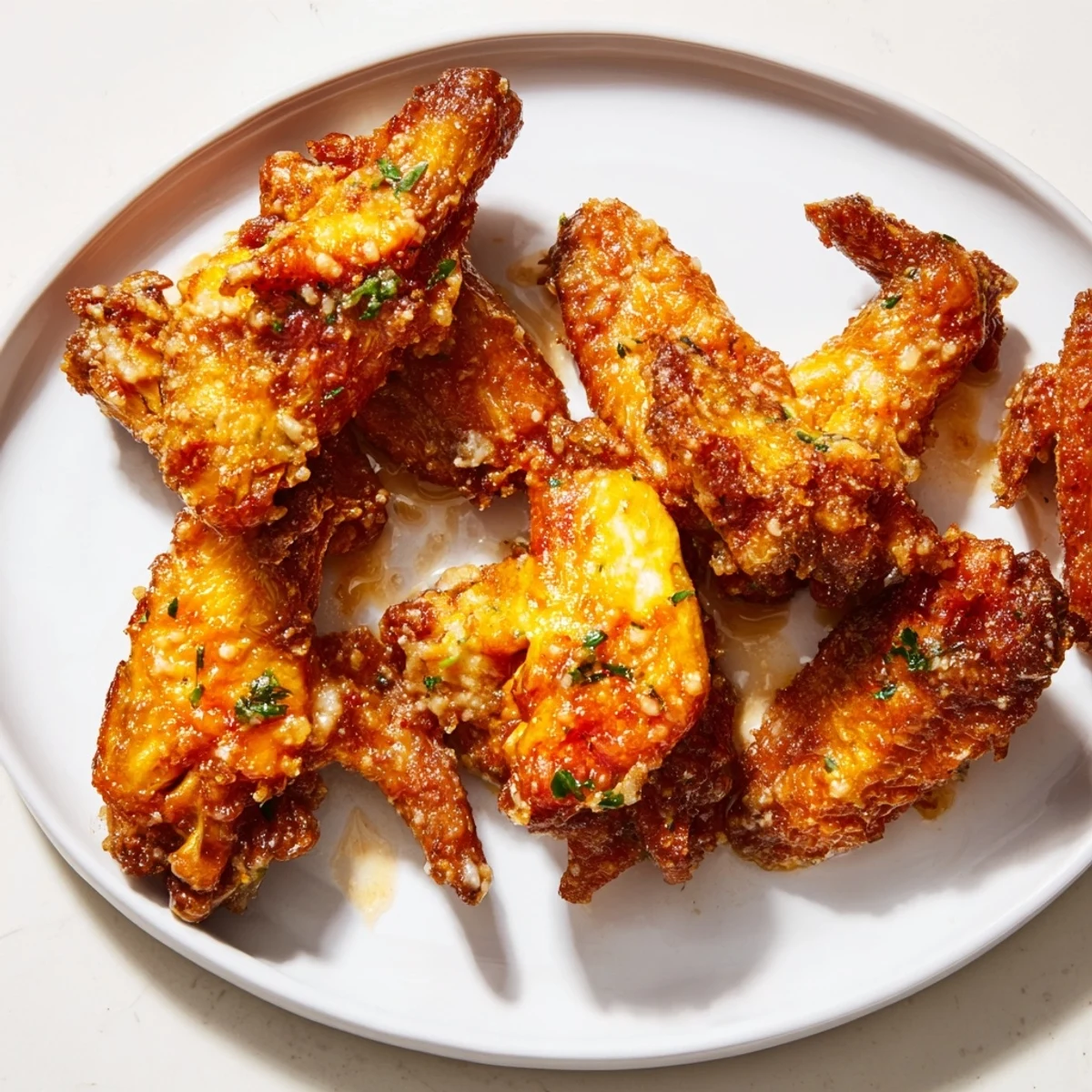 Golden-brown air fryer garlic-Parmesan chicken wings, a savory appetizer ready to enjoy.