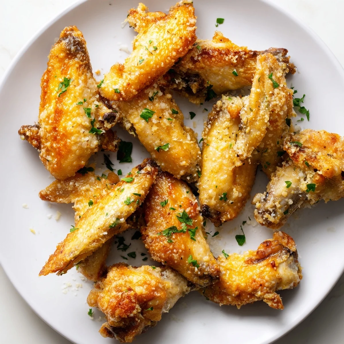 Mouthwatering close-up of air fryer garlic-Parmesan chicken wings; perfectly cooked and seasoned.