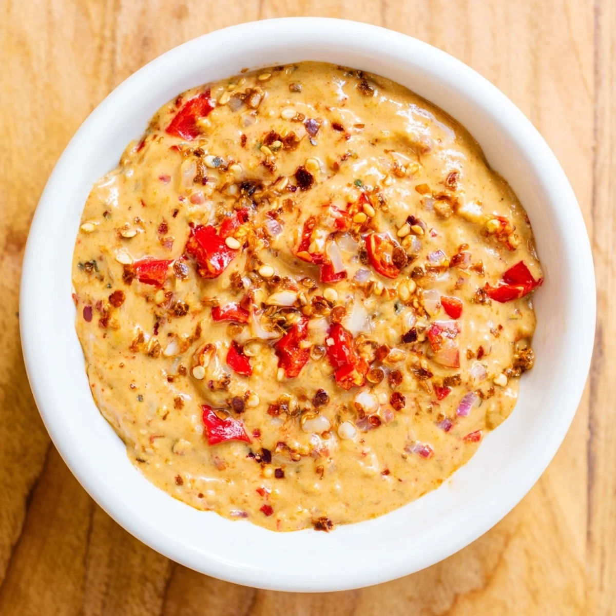 A vibrant, red Volcanic Lava Spicy Dip with a creamy texture, perfect with crunchy pita chips.