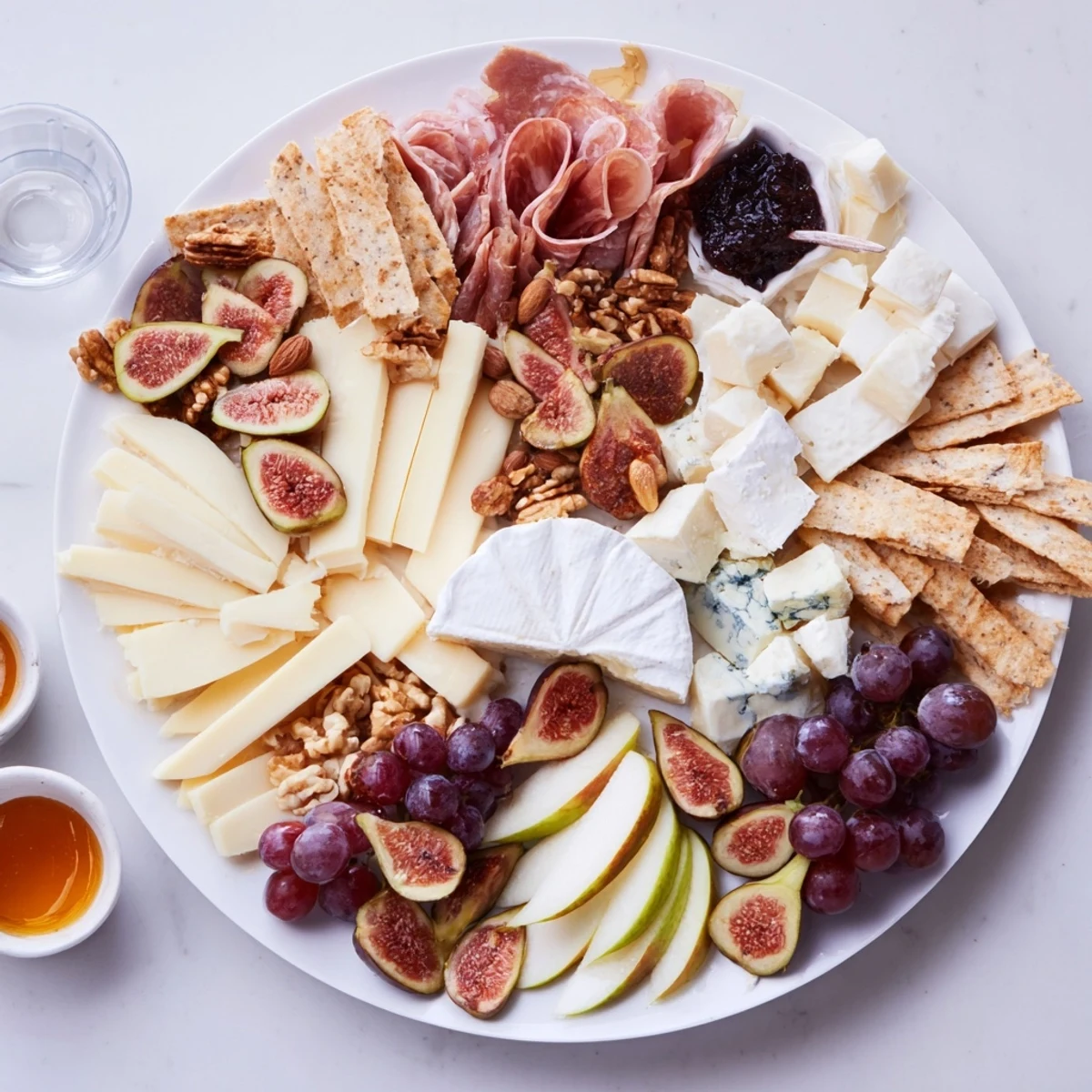 This colorful Wine & Food Pairing Platter displays delicious bites next to sparkling wine glasses, ideal for guests.