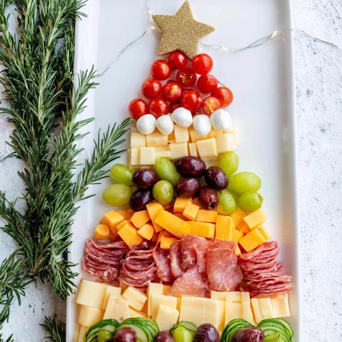 Vibrant Christmas Tree Charcuterie Board, featuring cured meats, cheeses, and colorful fresh fruits.