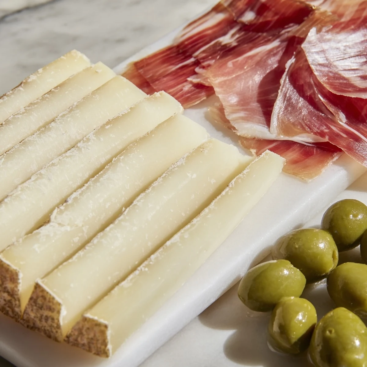 A perfect view of a Minimalism Master appetizer; the cheese, ham, and olives are ready to savor.