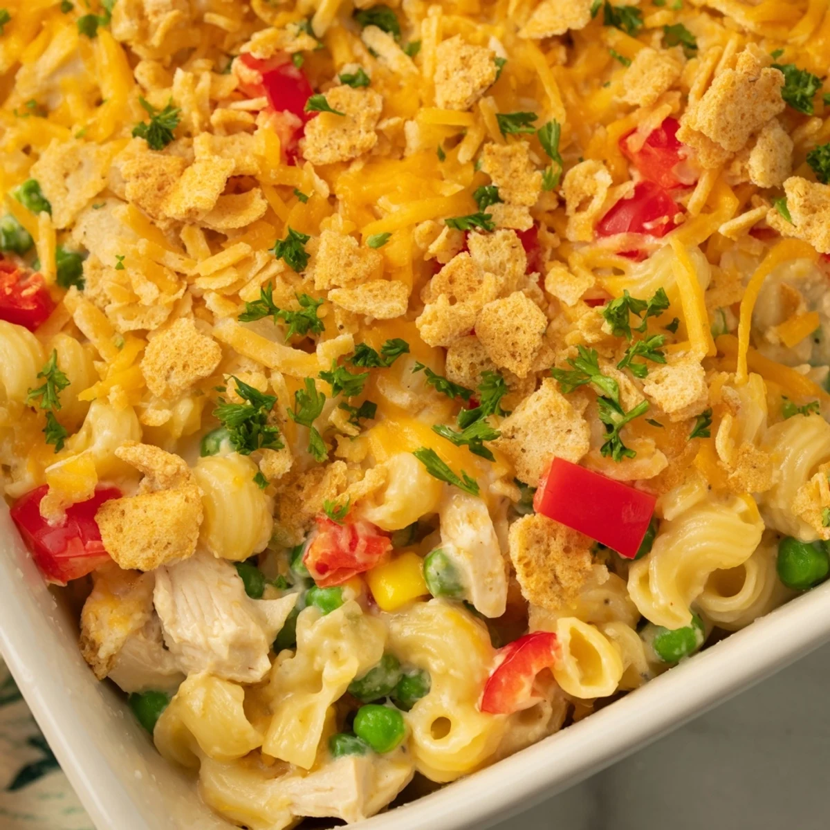 Golden-brown Chicken Macaroni Southern Style, bubbling hot from the oven, offering a comforting aroma.
