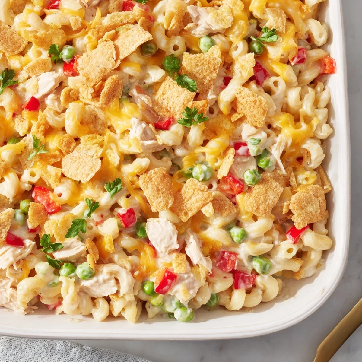 Creamy, cheesy Chicken Macaroni Southern Style with bites of chicken, colorful peppers, and hard-boiled eggs.