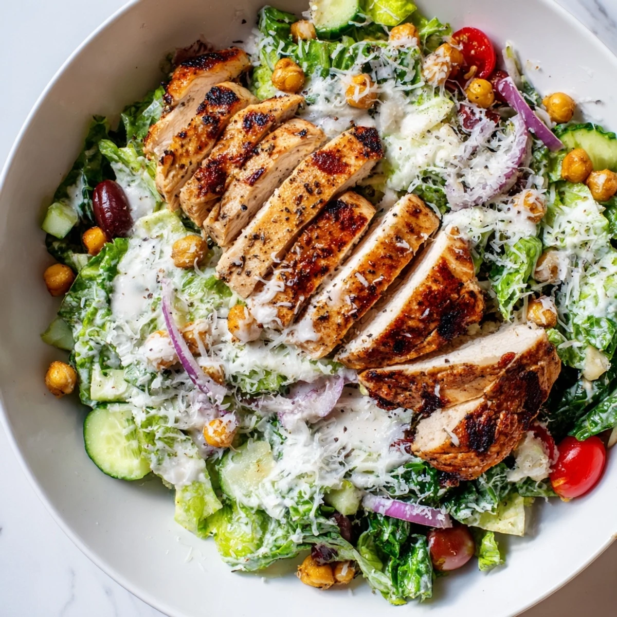 A colorful Chicken Caesar Pasta-less Bowl with grilled chicken and creamy dressing, ready to enjoy.