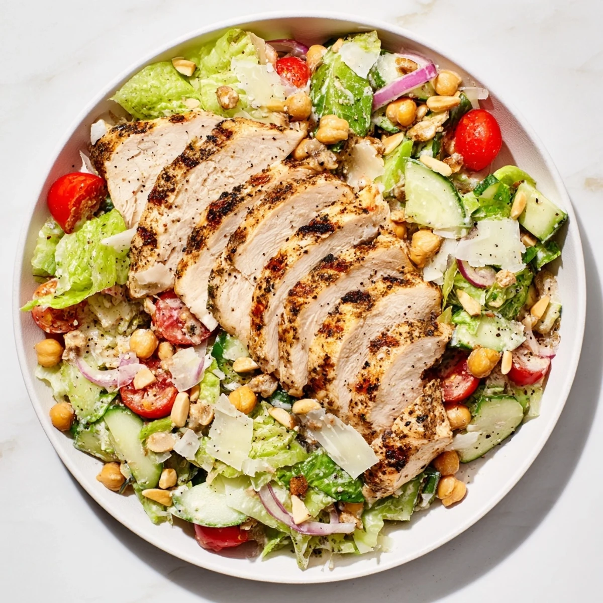 Imagine the flavor: a fresh Chicken Caesar Pasta-less Bowl, filled with grilled chicken and crunchy textures.