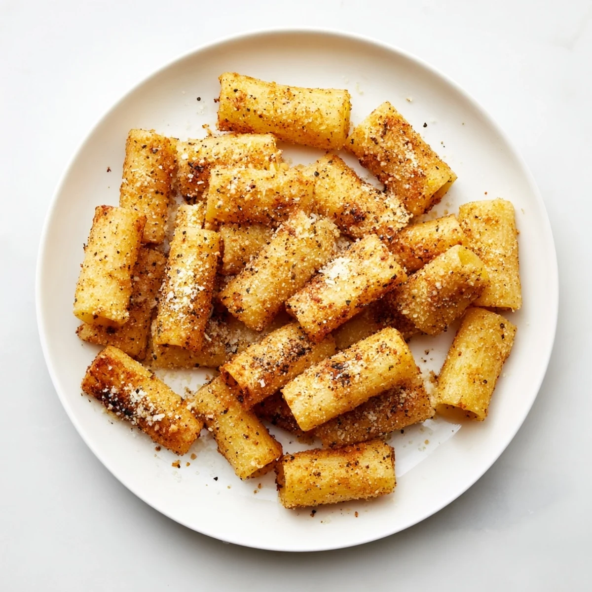 Golden-brown Air Fryer Pasta Croutons, perfectly crunchy, ready to top a fresh Caesar salad.