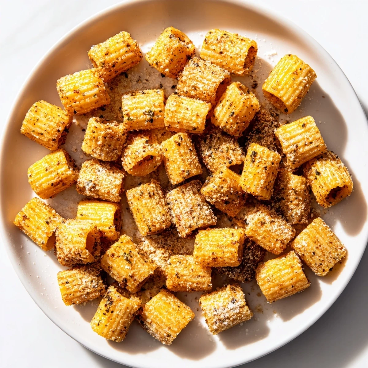 Crispy Italian-seasoned Air Fryer Pasta Croutons, tempting savory snack with delightful texture and aroma.