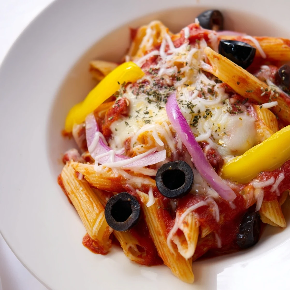 A bubbly skillet of One-Pot Pizza Pasta Express, showcasing al dente pasta and vibrant vegetables.
