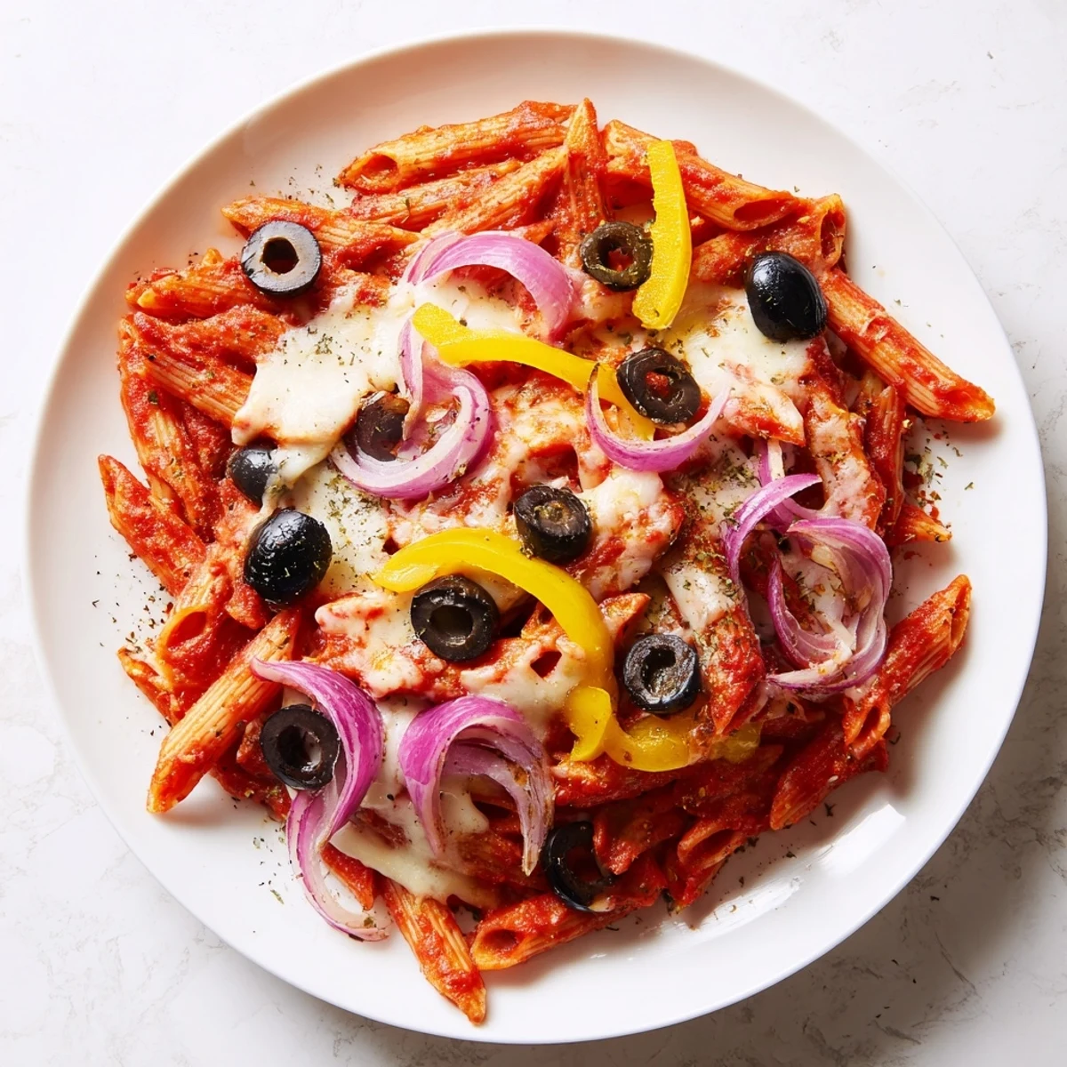 Quick and easy One-Pot Pizza Pasta Express: a single pot meal with melted cheese and delicious toppings.