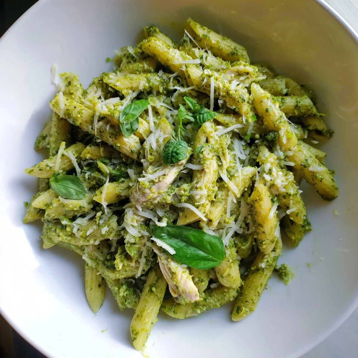 Steaming bowl of 10-Minute Pesto Pasta with Chicken, garnished with fresh basil and Parmesan cheese.