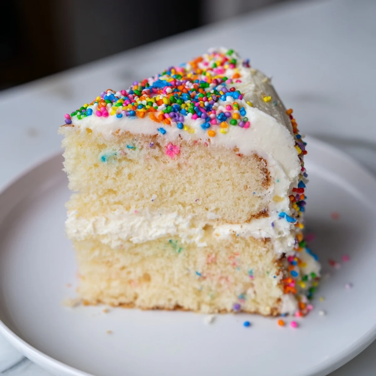 A slice of fluffy Happy Birthday Cake, frosted with creamy buttercream and cheerful sprinkles.