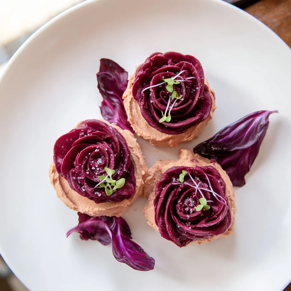 Vibrant The Velvet Rose offers earthy beet hummus swirled into elegant rose shapes, ready to serve vegan guests.