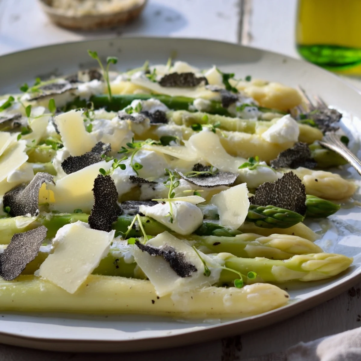 A stunning plate of The Silver Birch: delicate asparagus and cheeses, accented by fragrant truffle shavings.