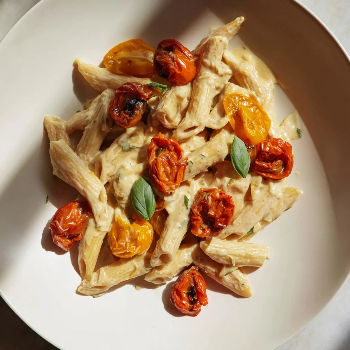 Roasted cherry tomatoes burst around creamy Boursin Cheese Pasta, ready to be tossed with perfectly cooked pasta.