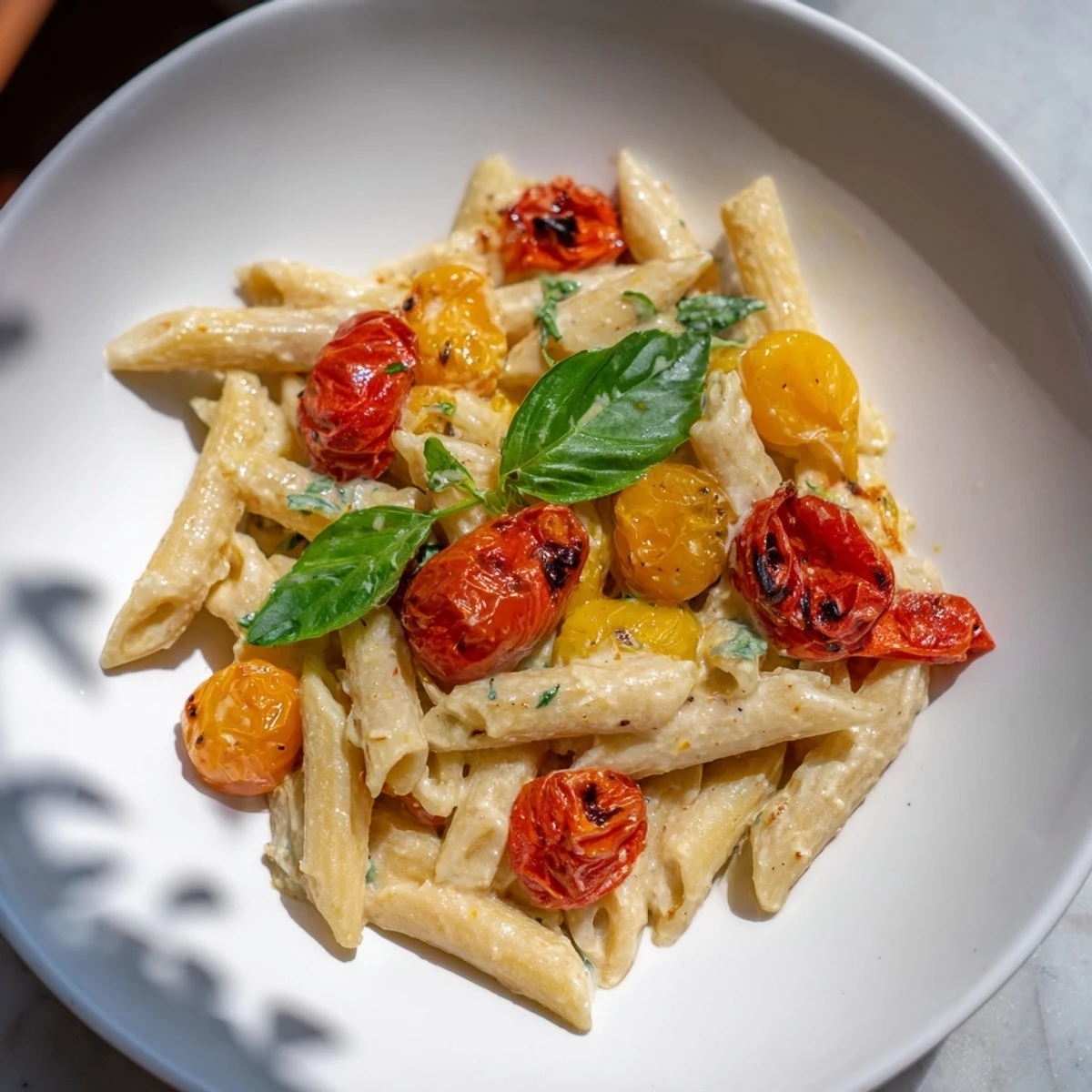 A close-up of delicious Boursin Cheese Pasta, showing the rich, melted cheese and bright red tomatoes.