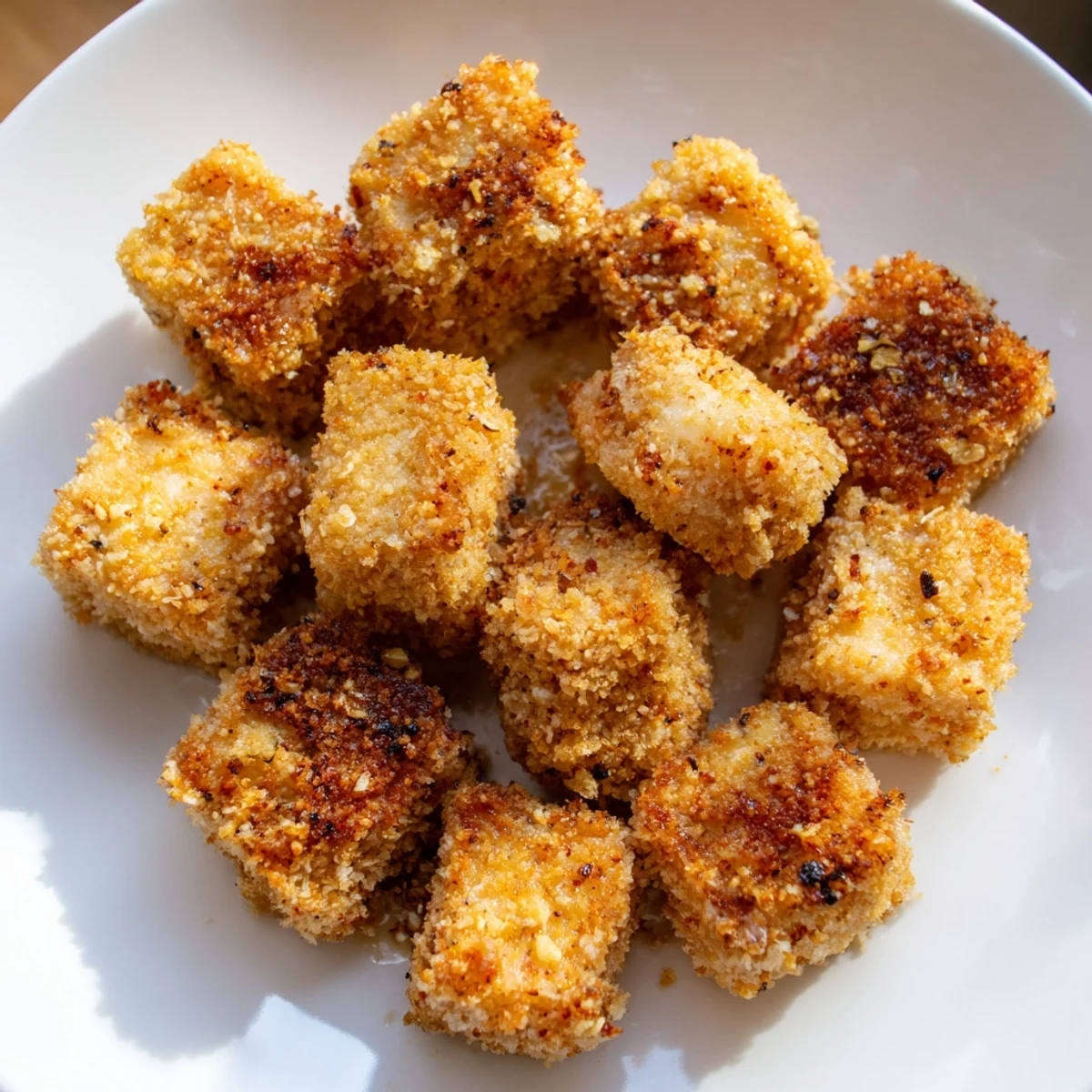 Golden-brown Popcorn Tofu Bites, crispy and savory, with delightful breading, ready to dip.