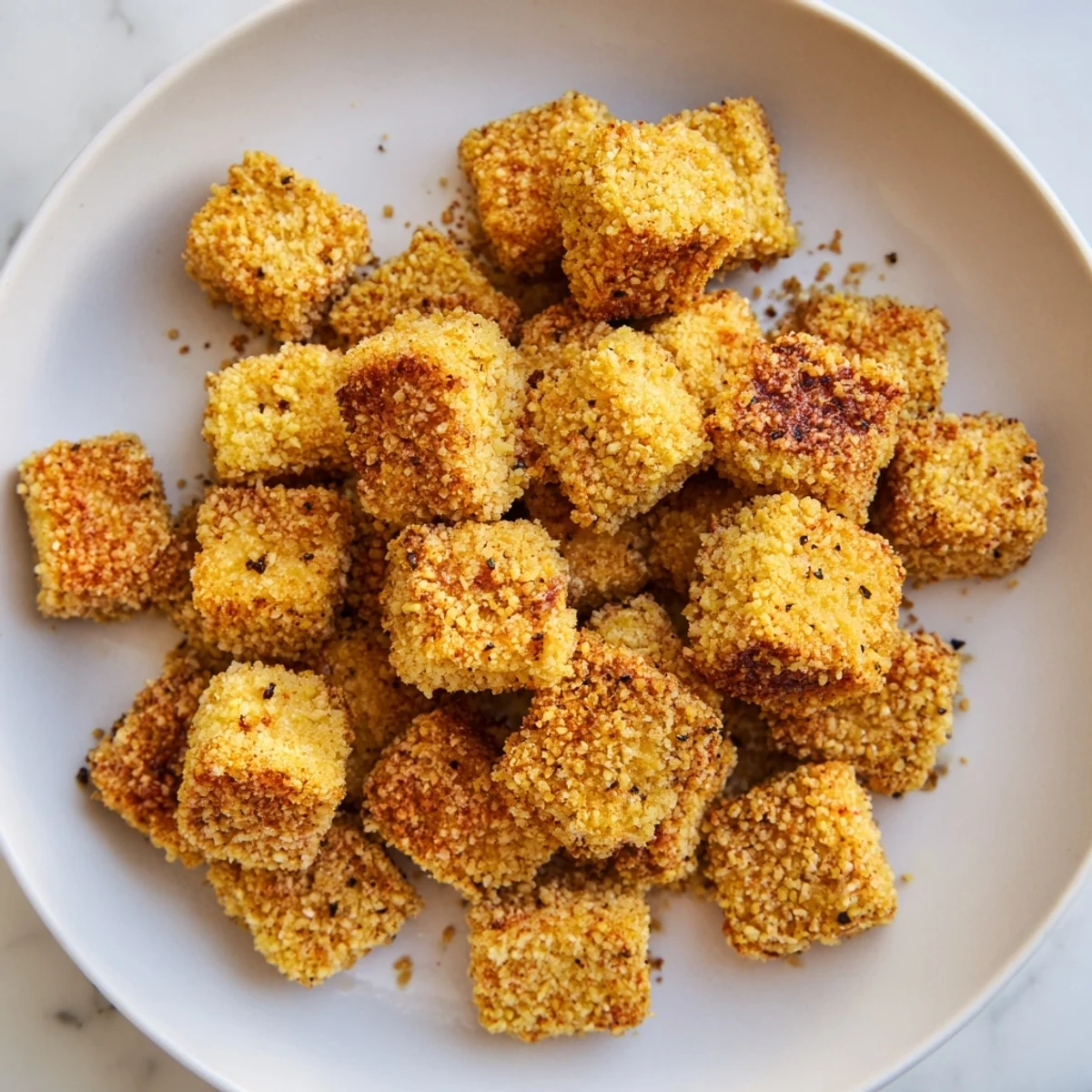A close-up of perfectly baked Popcorn Tofu Bites, promising a satisfying crunch with every bite.