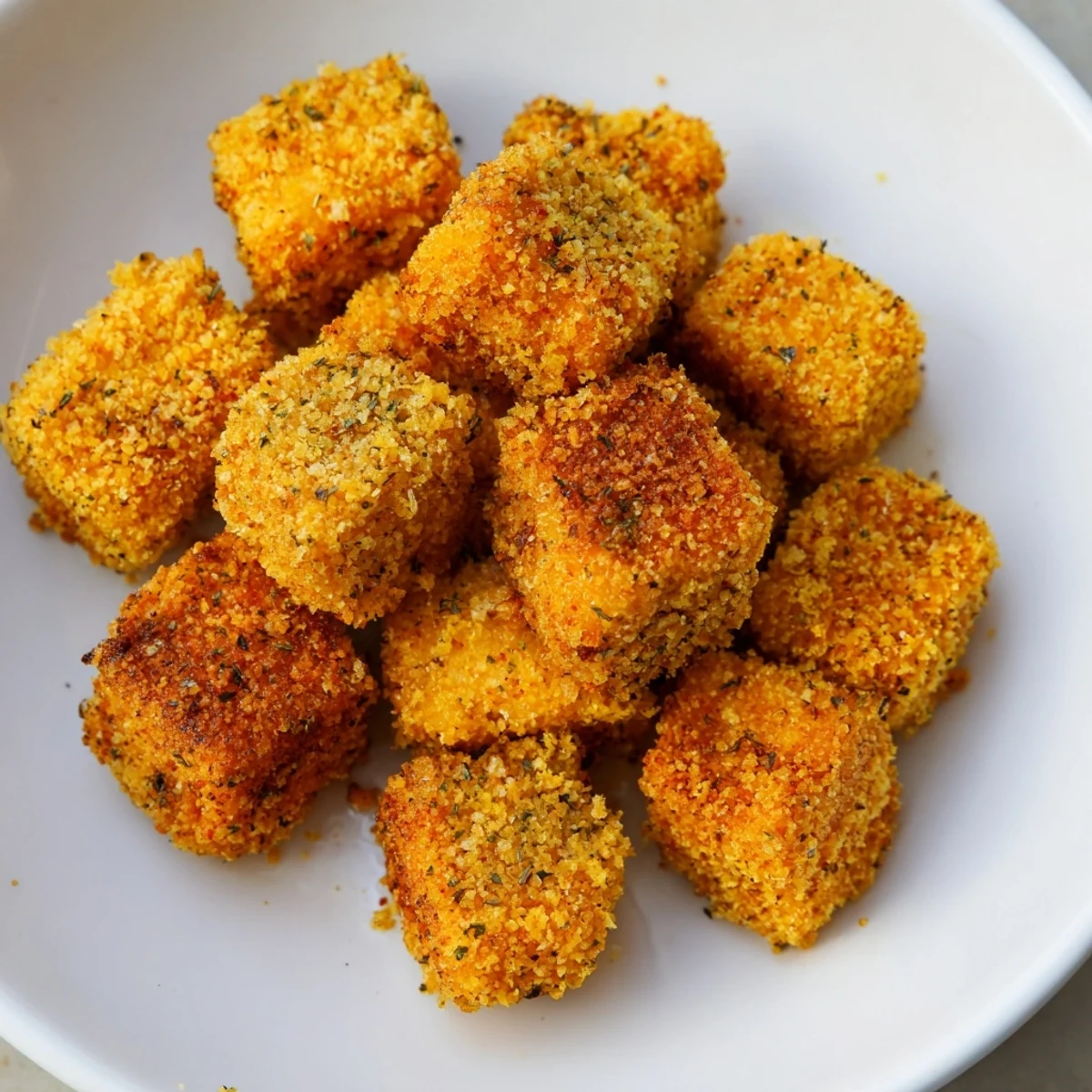 Delicious Popcorn Tofu Bites, served hot, drizzled with sauce, perfect for a tasty appetizer or snack.