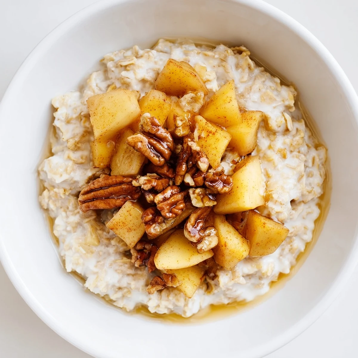 Warm apple pie oatmeal bowl, bursting with cinnamon and tender, caramelized apples, ready to enjoy.