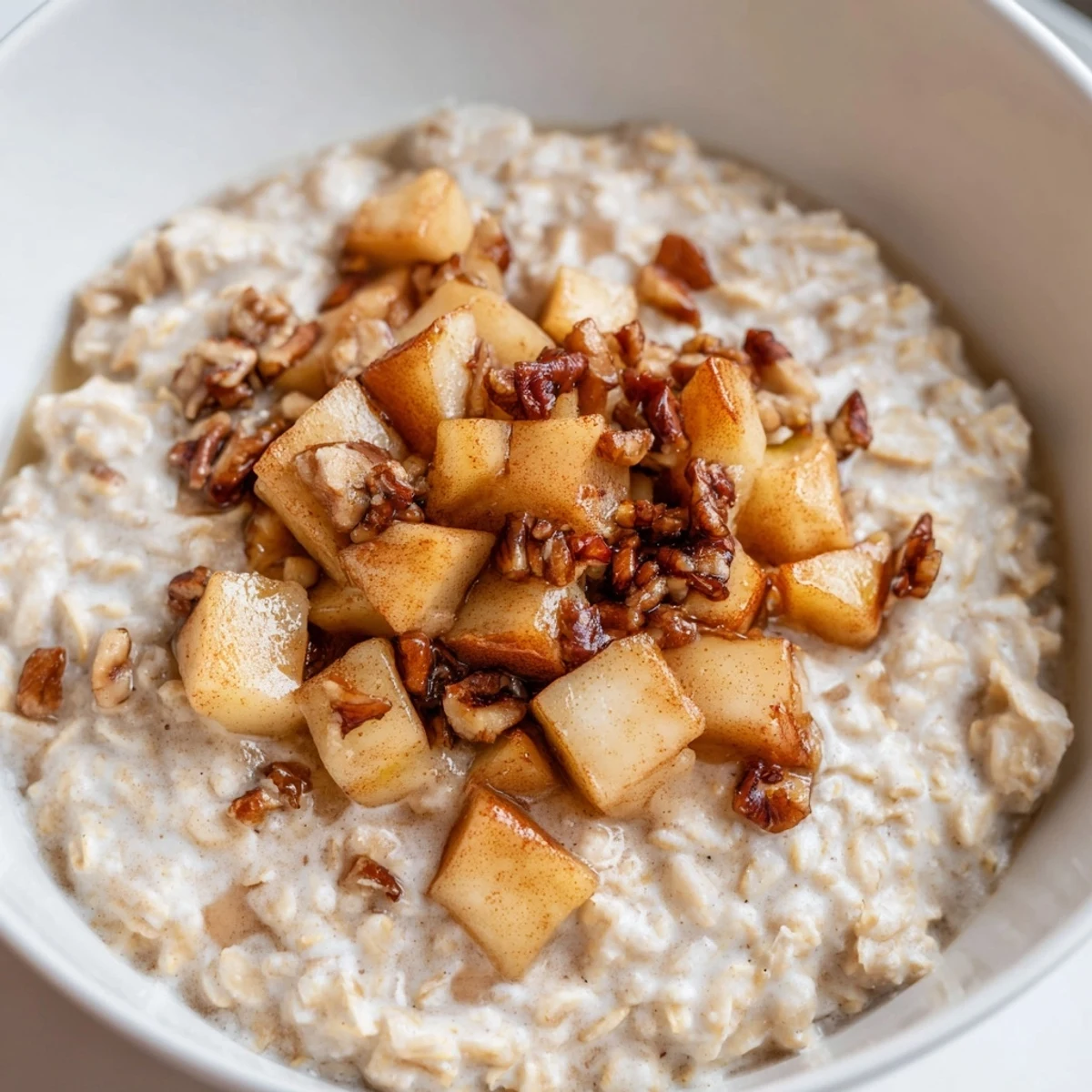 A comforting photo previews sweet apple pie oatmeal bowls, topped with toasted nuts and drizzled syrup.