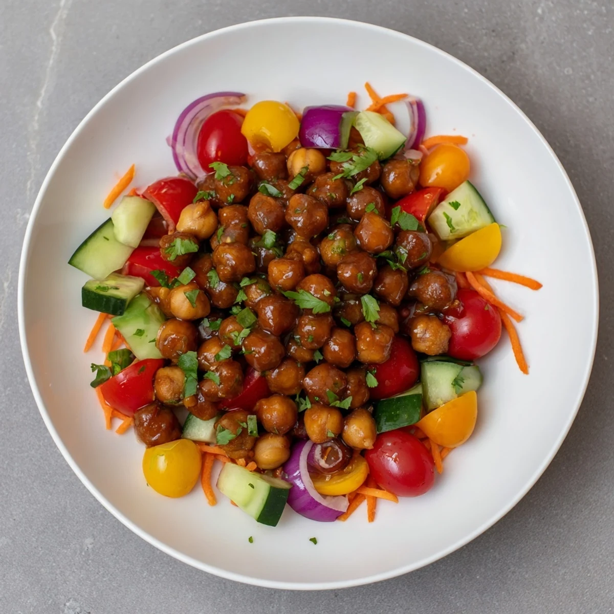 A colorful bowl of BBQ chickpea salad, showcasing tender chickpeas and fresh, diced vegetables.