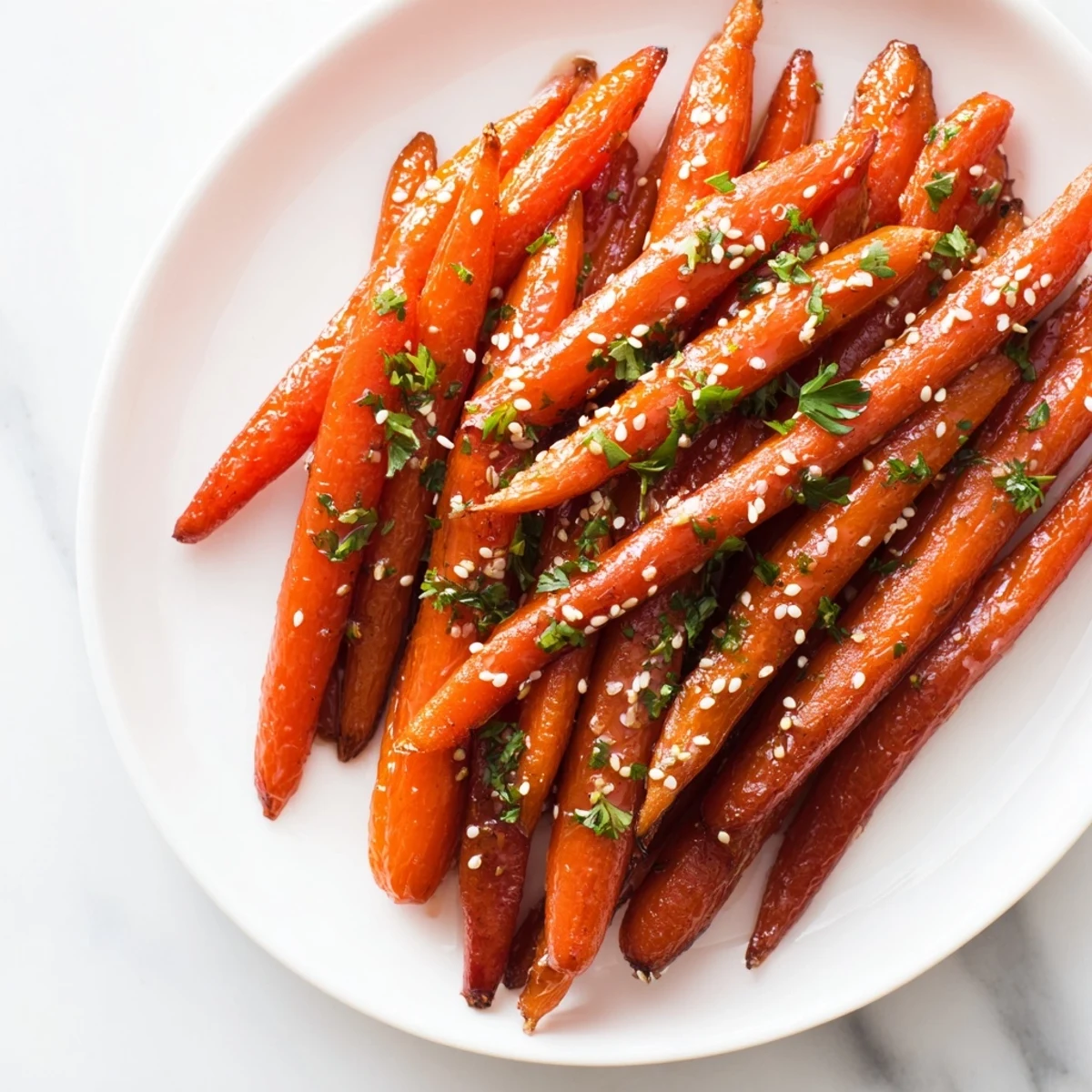 Vibrant honey soy roasted carrots with a caramelized exterior, a delicious vegetarian side dish.