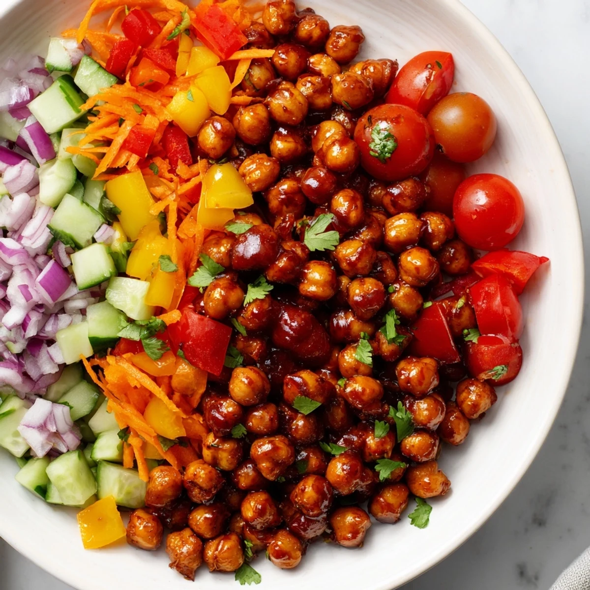 Smoky BBQ Chickpea Salad, with vibrant vegetables and a bright, tangy dressing, is ready to serve.