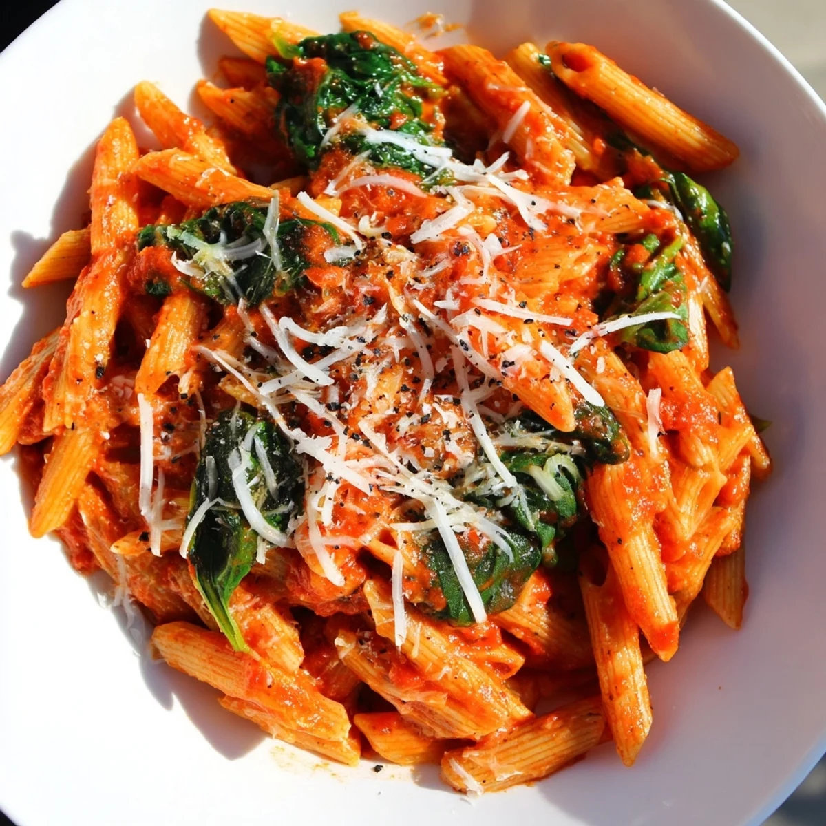 A close-up of Quick Marinara Pasta with Spinach, showcasing vibrant red sauce and fresh green spinach.