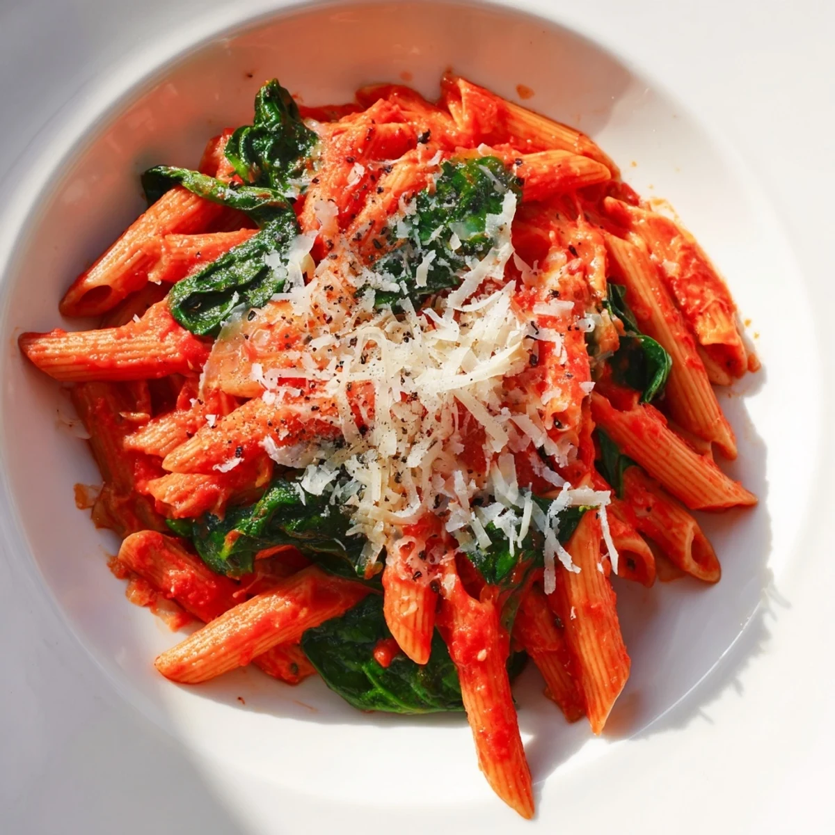 Tender Quick Marinara Pasta with Spinach, ready to be devoured, garnished with Parmesan cheese and basil.