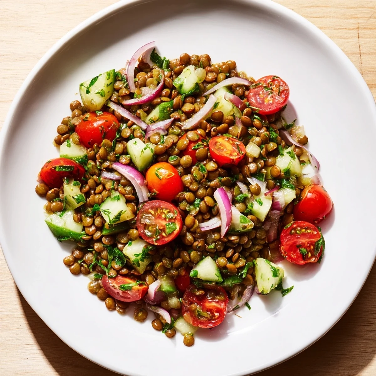 A colorful lentil salad, complete with vibrant herbs, ready to be tossed and served cold.
